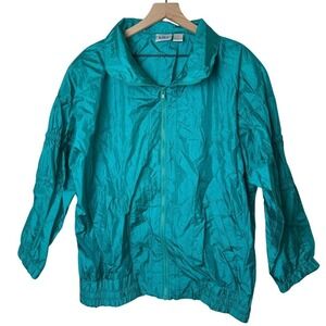 Kiks Womans Vintage Teal Nylon 90s Windbreaker Jacket Size 2X Lightweight